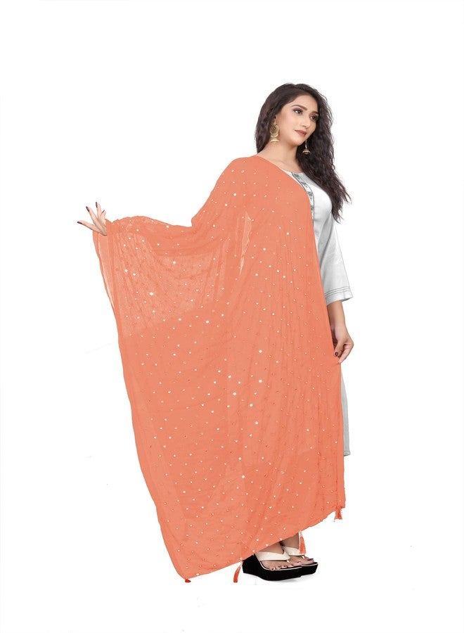 themilestocks TMS Woman's Embroidered Chiffon Dupatta Scarf Shawl Wrap Soft Indian Bridal Wedding (Coral) - Image 3